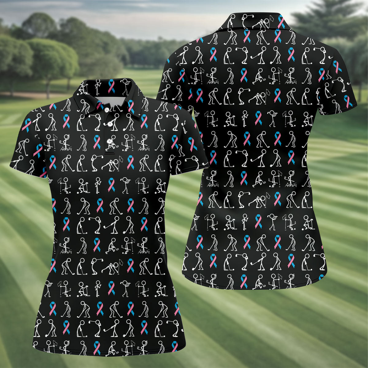 Funny Stick Figure Women's Golf Shirt, Male Breast Cancer Awareness Shirt, Breast Cancer Support Shirt, Ladies Golf Shirt