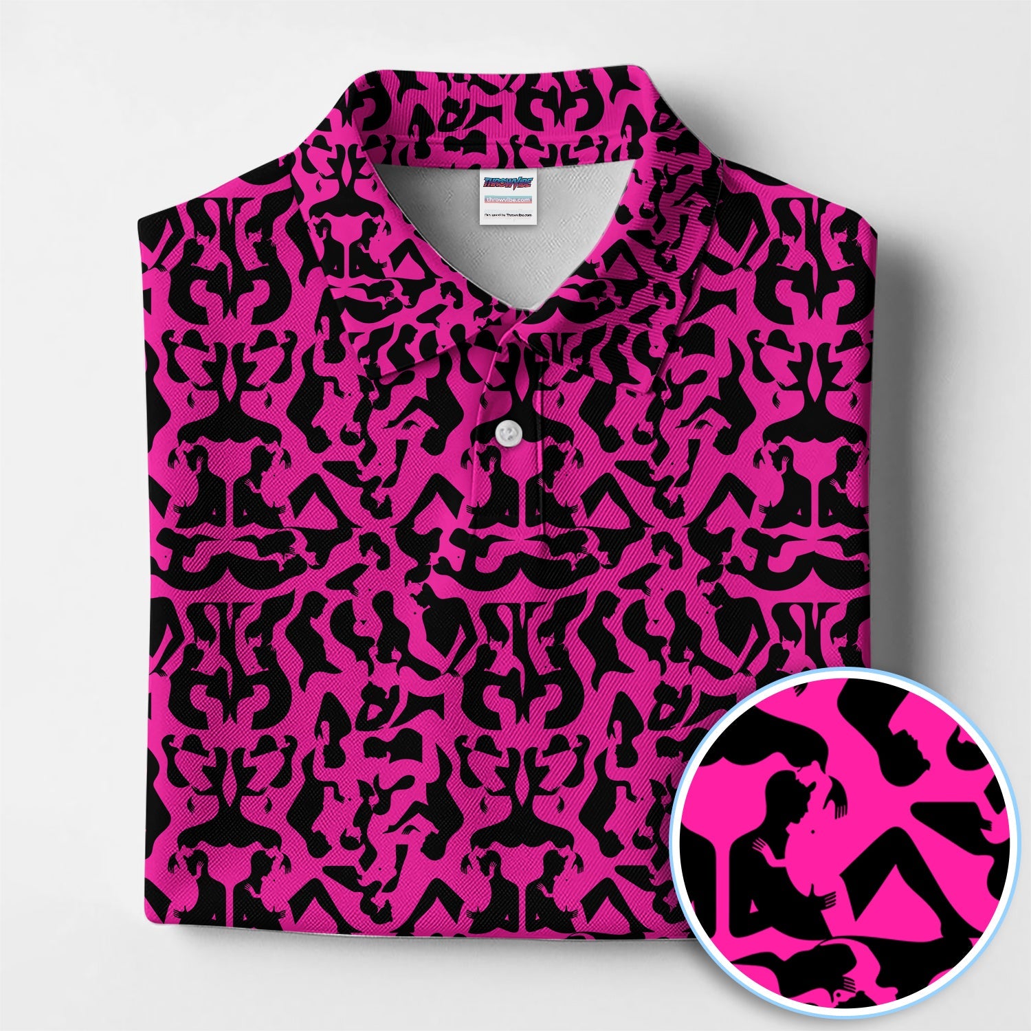 Bold Silhouette Pattern Polos, Hot Pink Abstract Golf Shirt, Golf Gift For Golfer