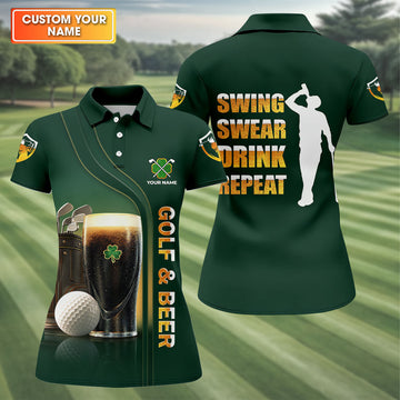Swing Swear Drink Repeat Golf And Beer St Patrick's Day Green Women's Golf Tops, Ladies Golf Polos
