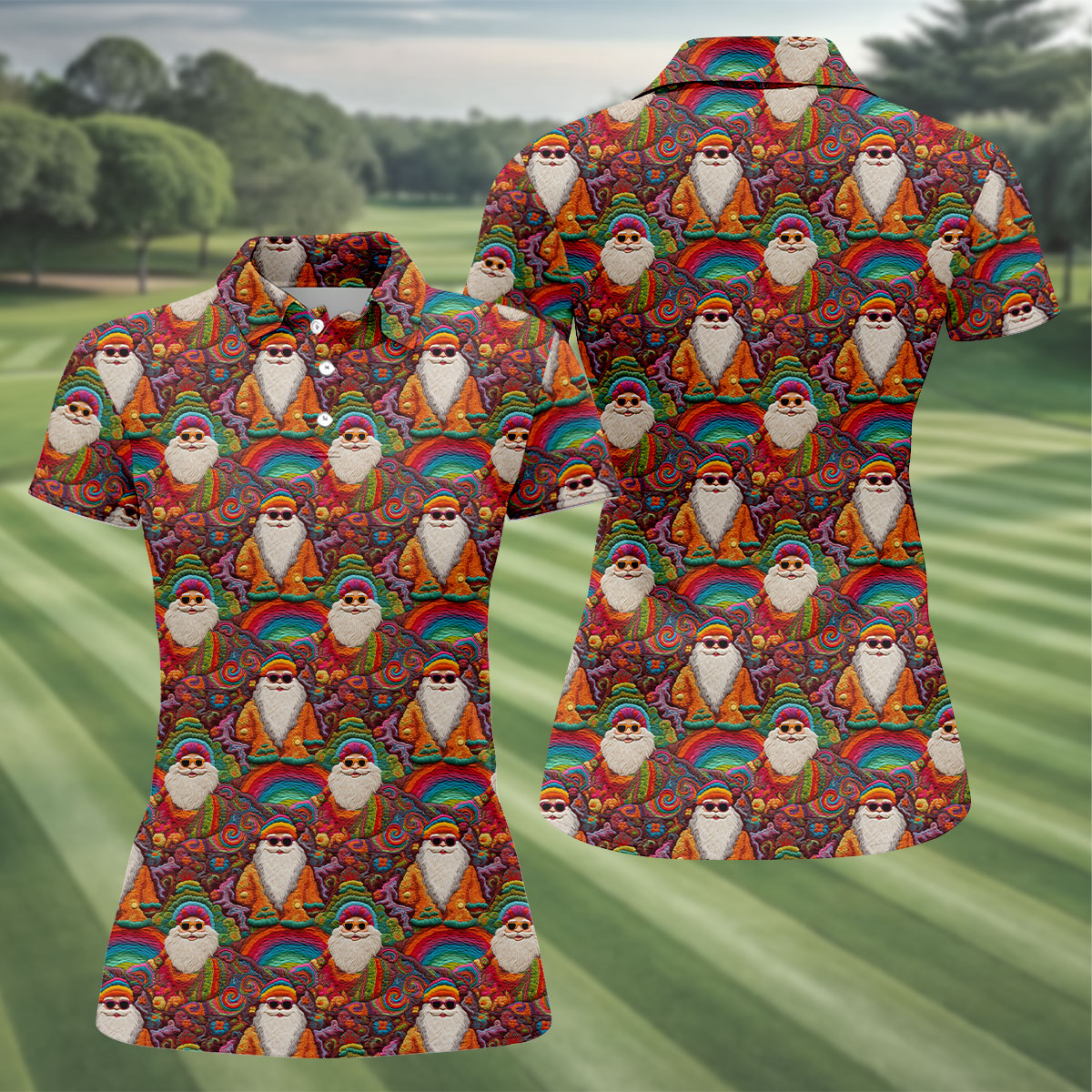 Groovy Hippie Santa Seamless Pattern Golf Shirts, Christmas Golf Shirt, Golf Gifts For Women, Fun Golf Shirt