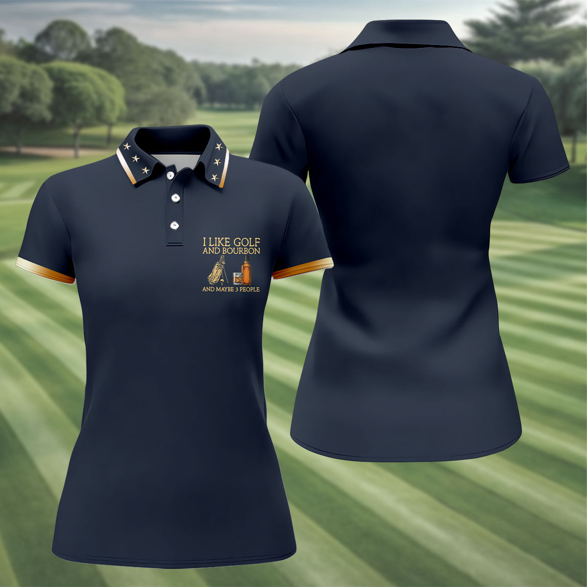 I Like Golf And Bourbon Navy Golf Shirt, Fun Women's Golf Shirts, Golf And Whiskey Ladies Golf Shirts
