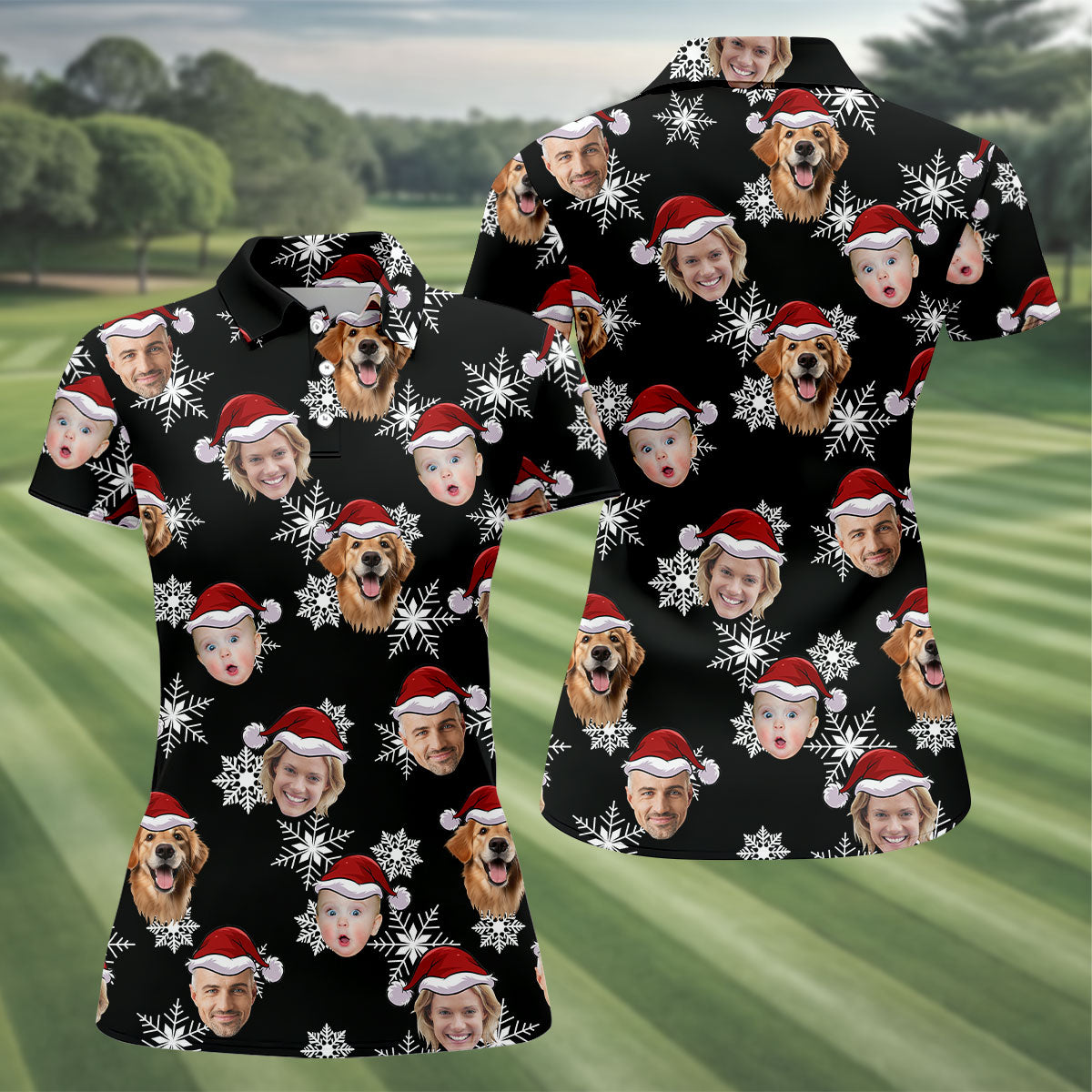 Custom Face Black Christmas Women's Golf Tops, Ladies Golf Shirts, Christmas Golf Gift