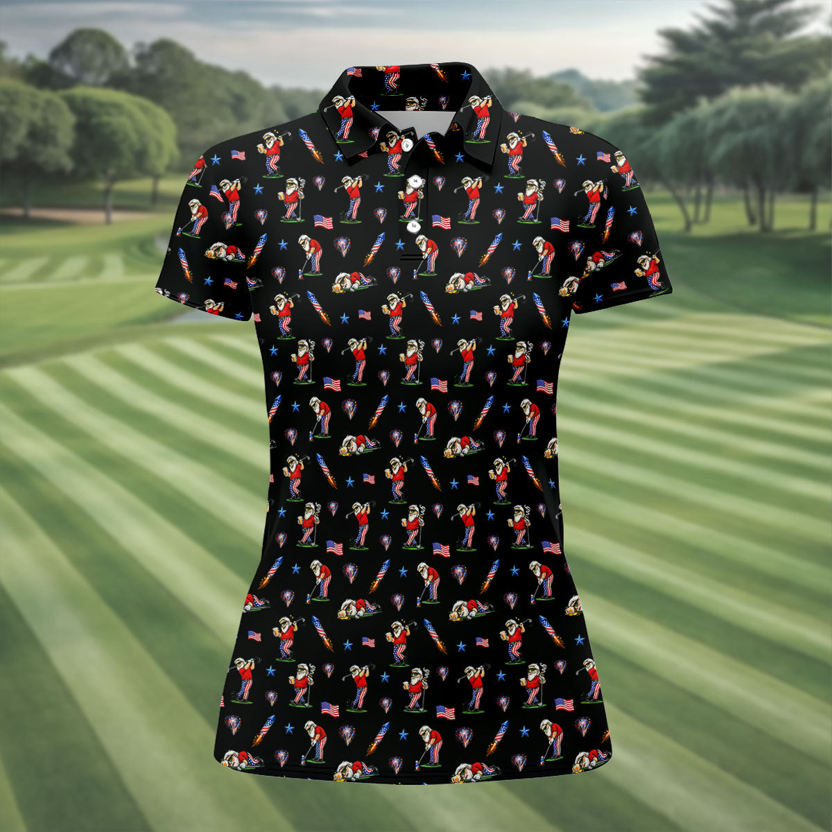 4th Of July Funny Man Golf And Beer Black Golf Shirt, Patriotic Golf Shirt, 250th Anniversary Women's Golf Tops
