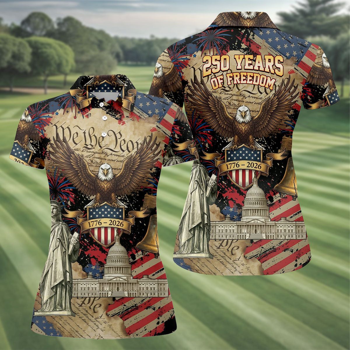 We The People Patriotic Eagle Statue Of Liberty 250 Years Ladies Golf Tops, 4th Of July Golf Shirt For Women