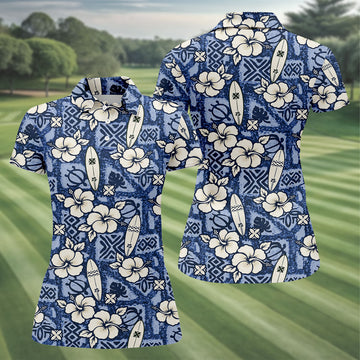 Blue Hawaiian Surfboard Hibiscus Golf Shirt, Women's Golf Shirt, Hawaiian Golf Shirt, Golf Polo For Women