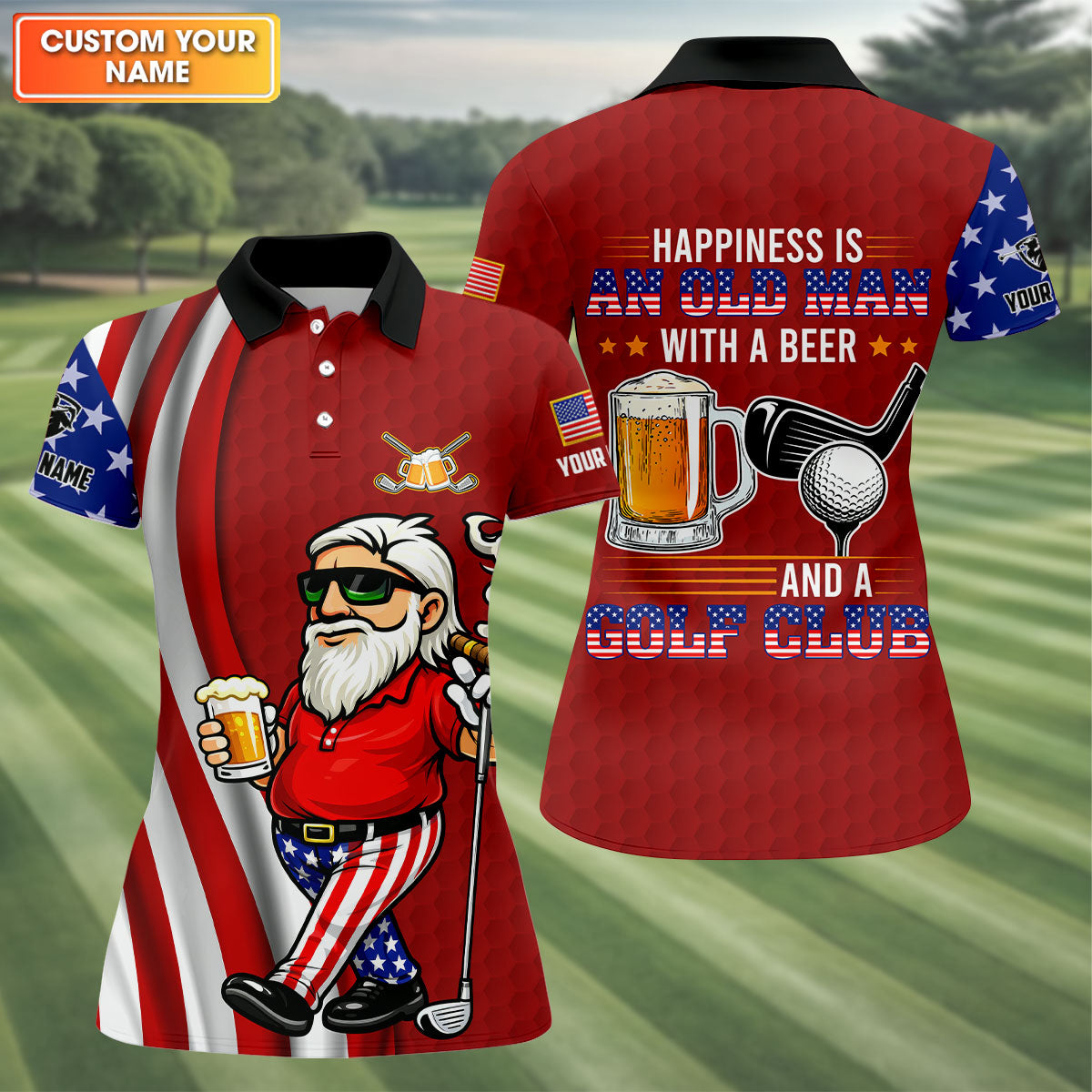 Happiness Is An Old Man With A Beer Funny 4th Of July Red Golf Shirt, 250th Anniversary Women's Golf Tops