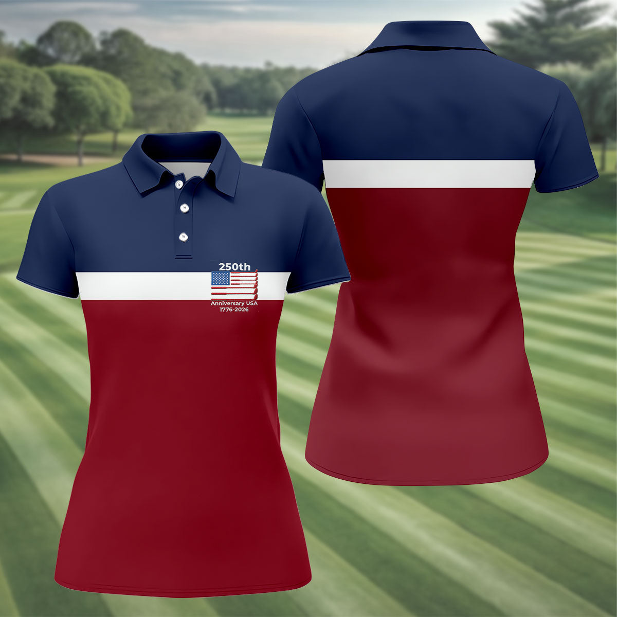 250th Anniversary USA 1776-2026 Red White Blue Ladies Golf Tops, 4th Of July Golf Shirt For Women