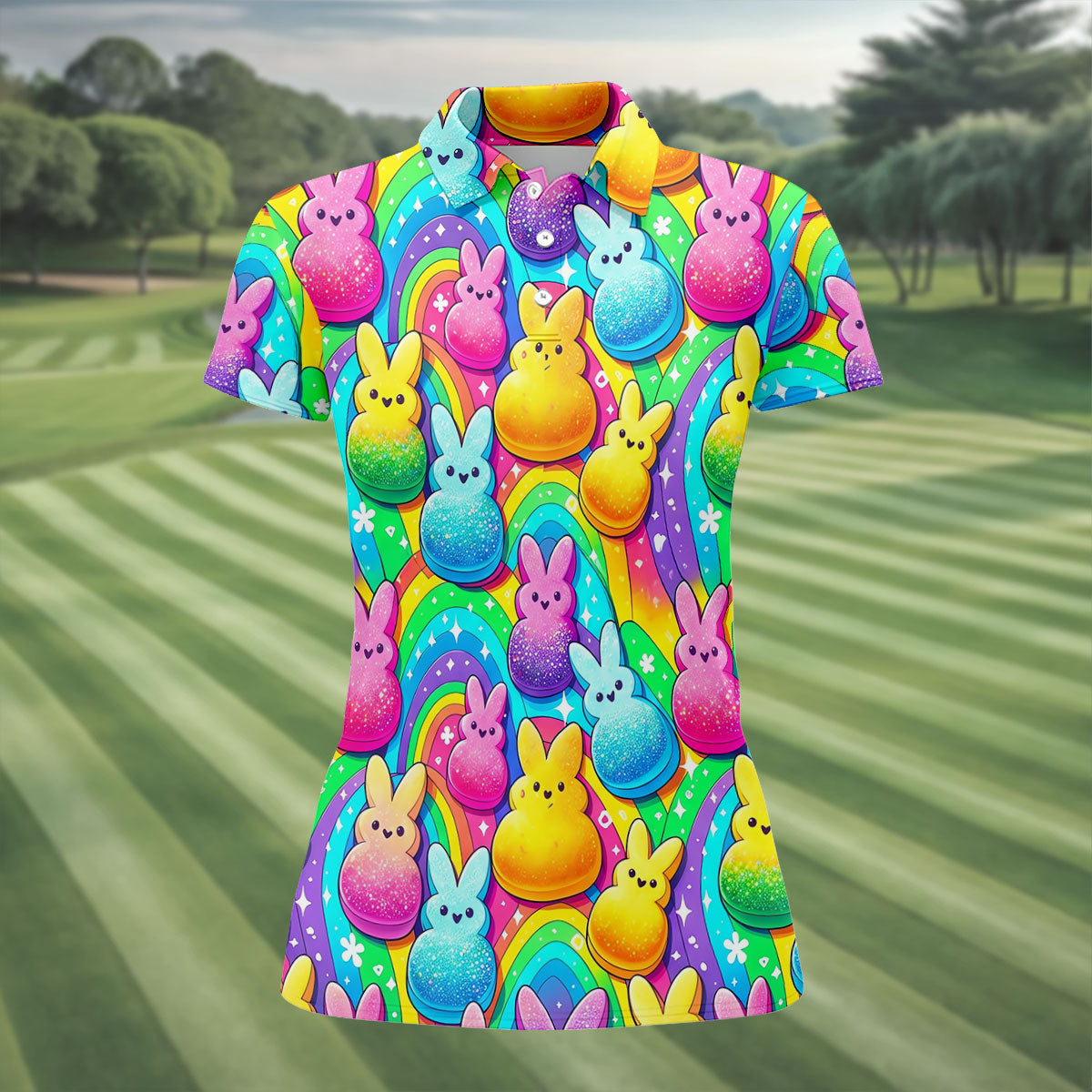 Colorful Easter Peeps Rainbow Pattern Women Golf Top, Cute Golf Outfit, Ladies Golf Shirts