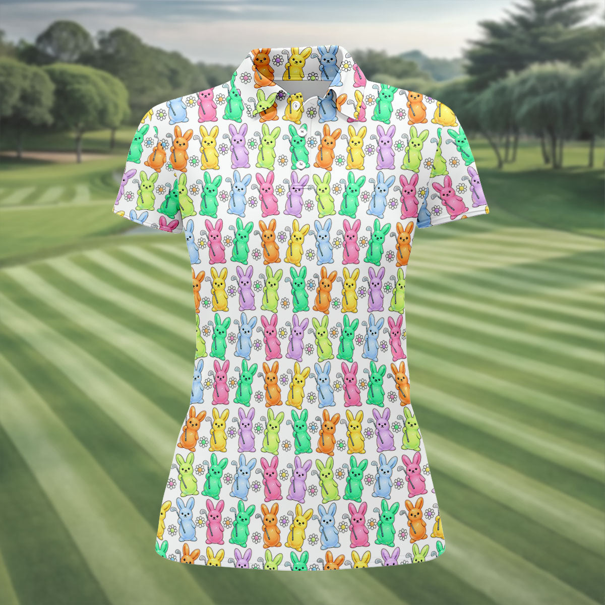 Colorful Easter Bunny White Golf Shirt, Cute Golf Outfit, Women's Golf Tops, Ladies Golf Shirts