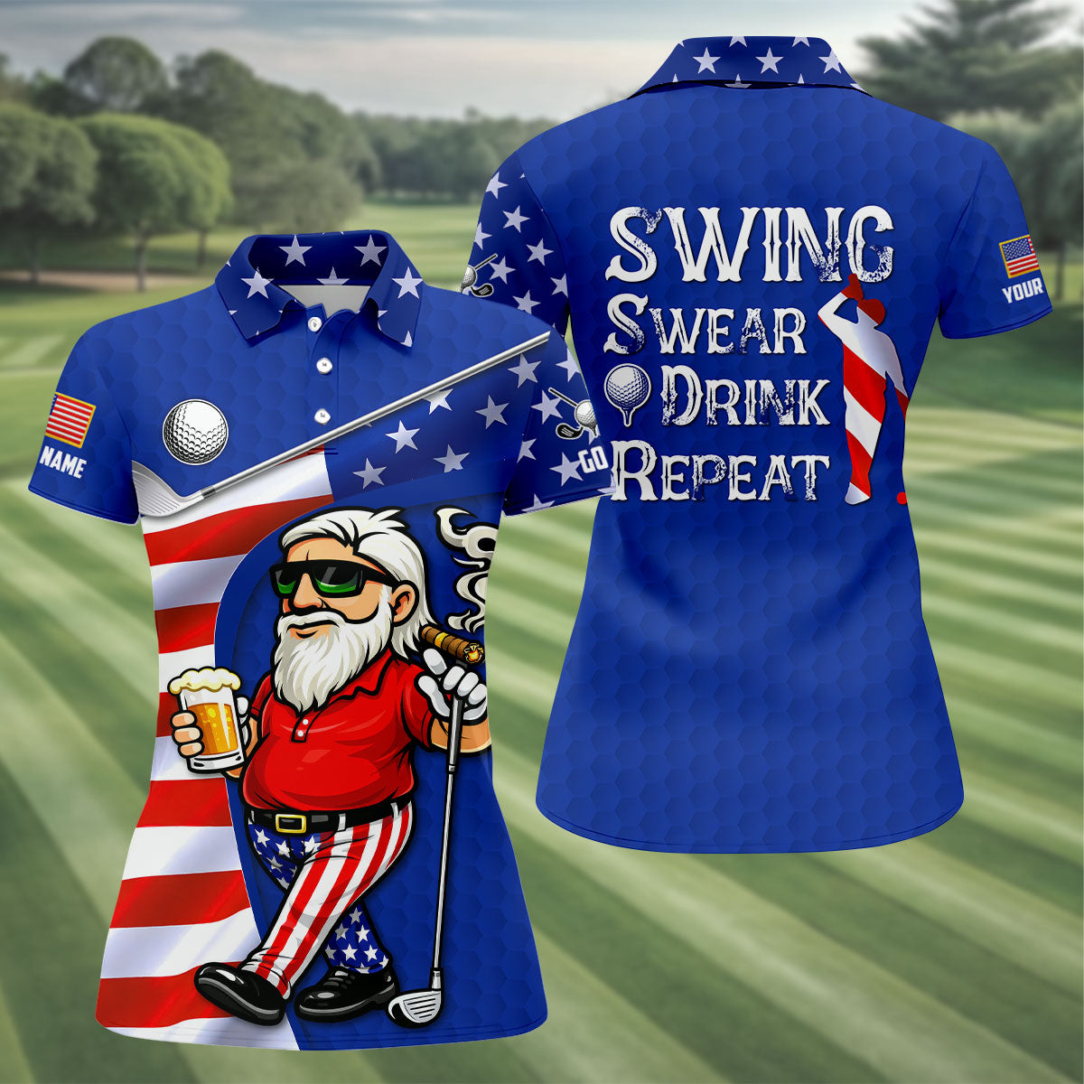 Swing Swear Drink Repeat Golf And Beer Patriotic Man 4th Of July Navy Golf Shirt, 250 Years Women's Golf Tops