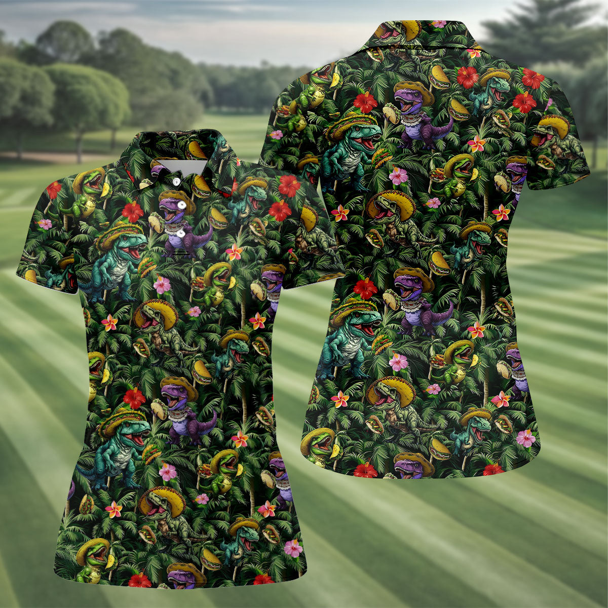 Hawaiian Dinosaur Sombreros Tacos Fun Golf Shirt, Cinco De Mayo Celebration Golf Shirt For Women