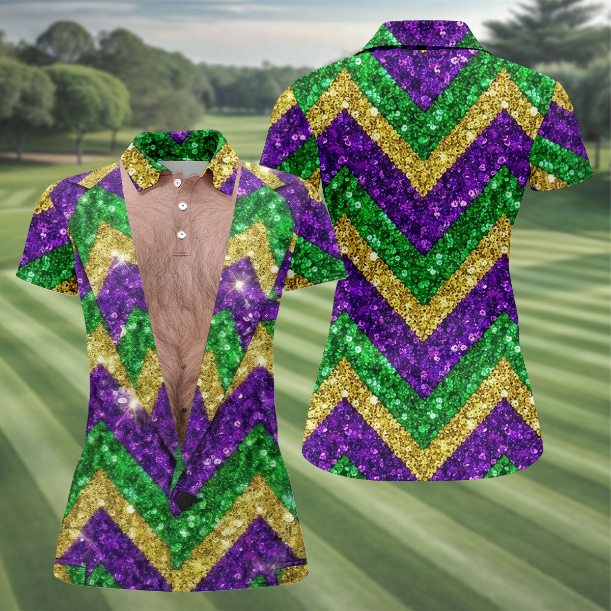 Mardi Gras Purple Green Gold Printed Sequin Zigzag Pattern Women's Golf Tops, Fun Women's Golf Shirts