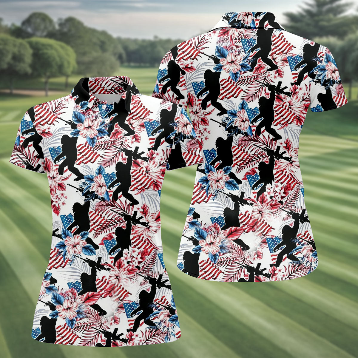 Hawaiian Bigfoot Patriotic 4th Of July American Flag Golf Shirt, 250th Anniversary Women Golf Top