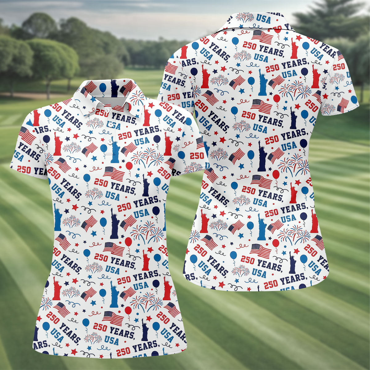 250 Years USA Red White Blue Seamless Pattern White Golf Shirt, Patriotic 4th Of July Golf Shirt For Women