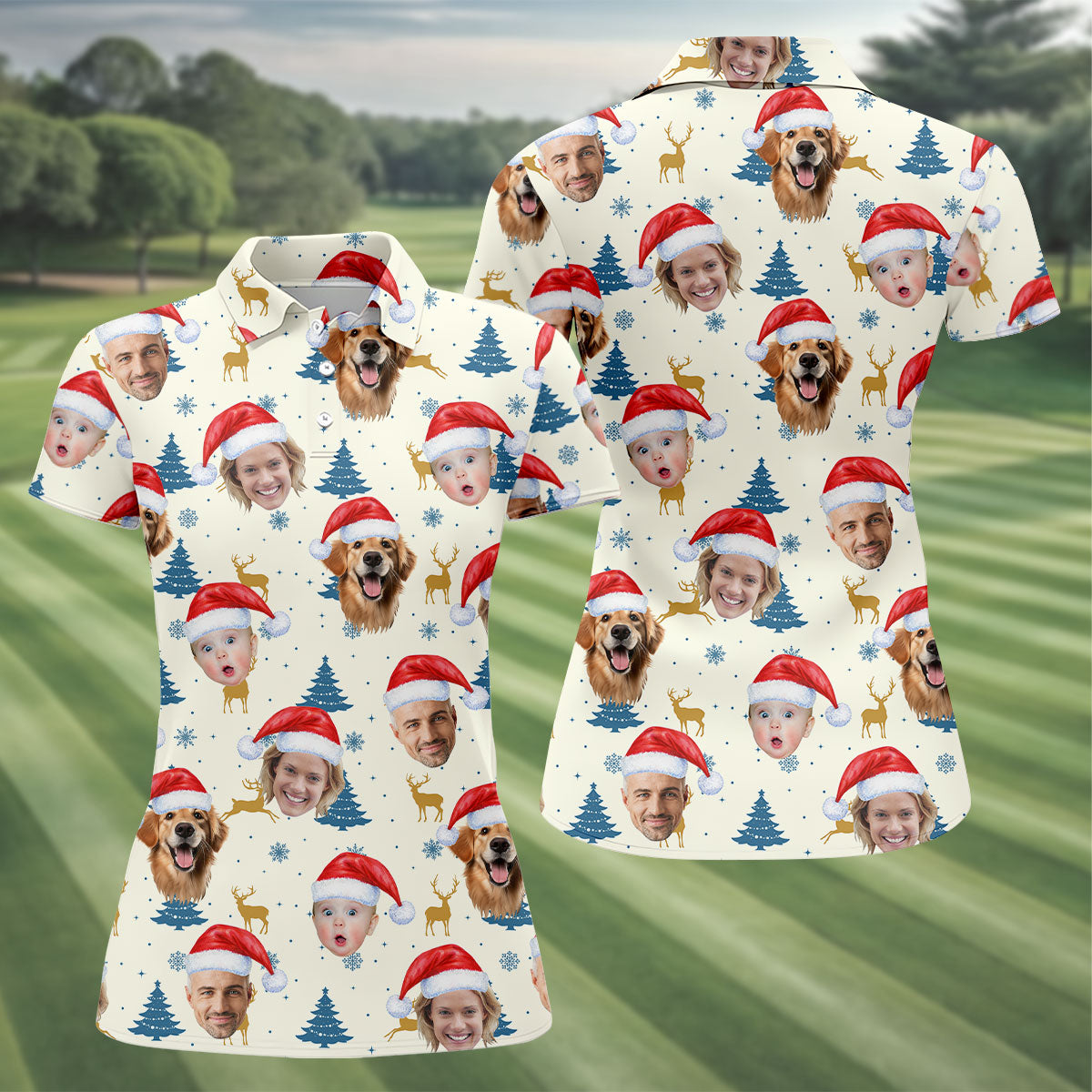 Custom Face Pine Tree Pattern Beige And Navy Christmas Golf Shirt, Ladies Golf Shirts, Golf Gifts For Women