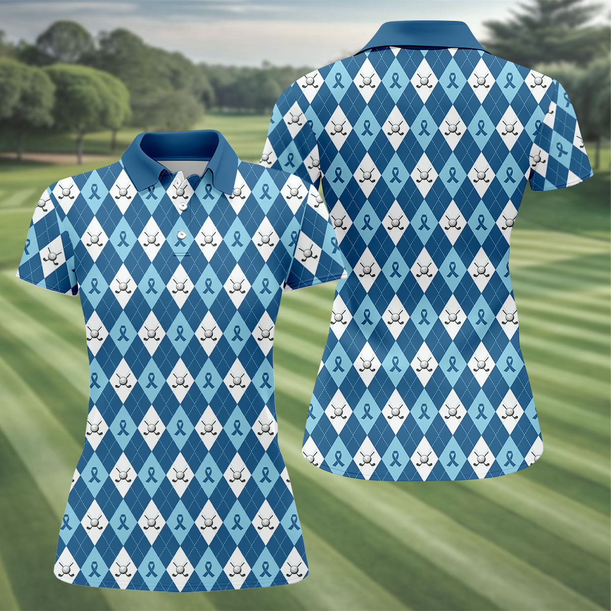 Prostate Cancer Blue And White Argyle Pattern Women's Golf Tops, Cancer Survivor Shirt, Cancer Awareness Shirt