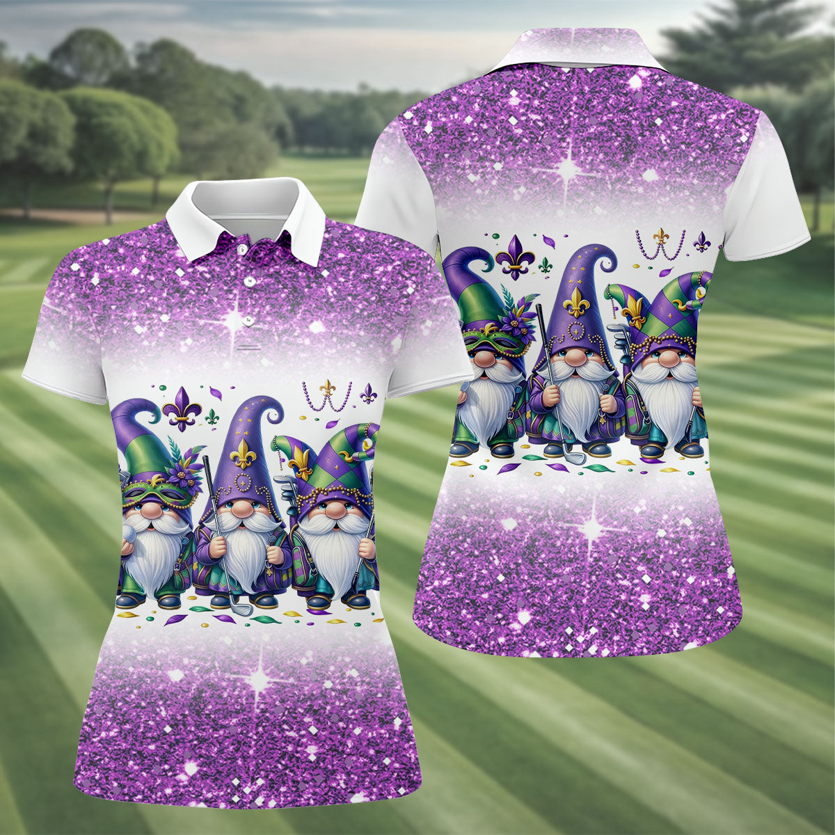 Mardi Gras Gnomes Fleur De Lis Glitter Effect Ladies Golf Tops, Women's Golf Shirts, Ladies Golf Polos