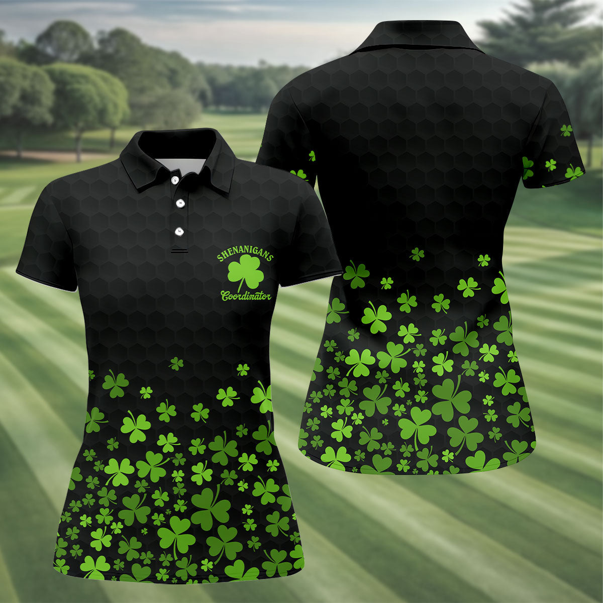 Shenanigans Coordinator Golf Ball Pattern St Patrick Day Black Golf Shirt, Women's Golf Tops, Ladies Golf Polos