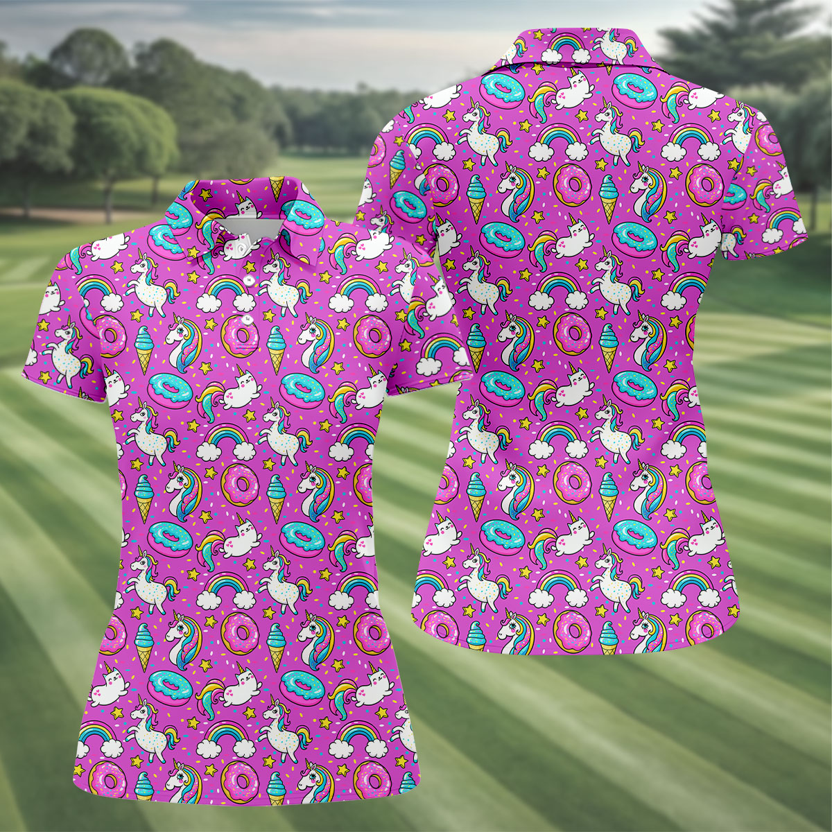 Funny Pink Donut Unicorn Women Golf Shirts, Ladies Golf Shirt, Women Sleeveless Polo Shirt