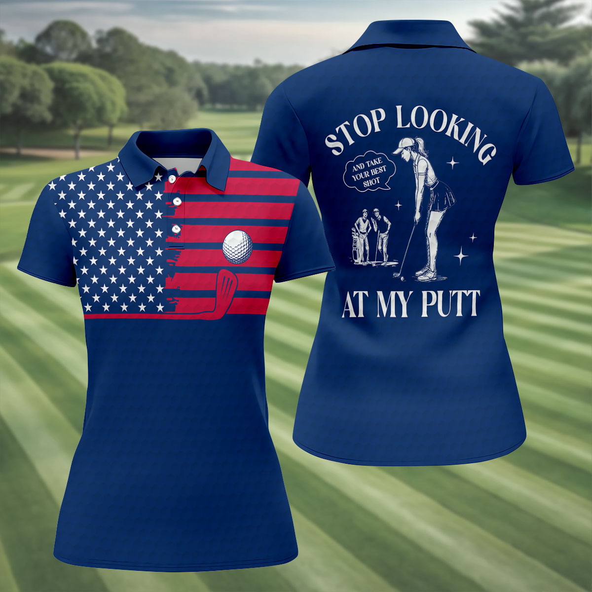 Stop Looking At My Putt US Flag Pattern Funny Golf Shirt, 250 Years 4th Of July Patriotic Golf Shirt For Women