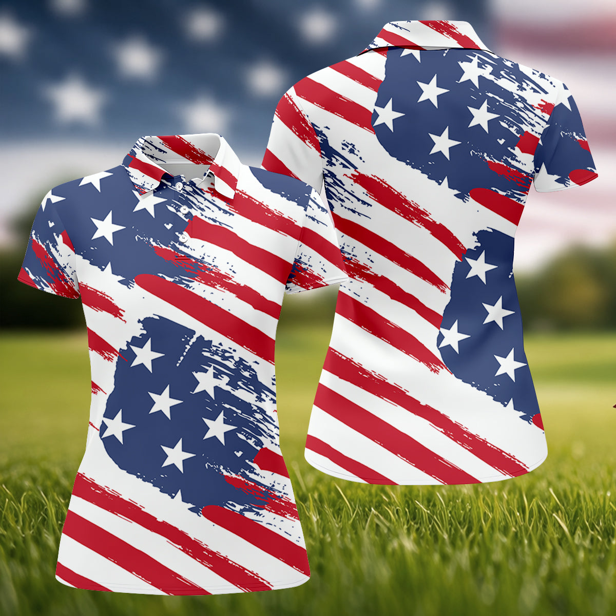 Distressed America Flag Pattern Women's Golf Tops, 250th Anniversary Ladies Golf Shirts