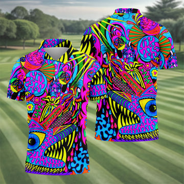 Neon Psychedelic Abstract Eye Pattern Golf Shirt, Mens Golf Polo, Printed Golf Shirts, Golf Polo Shirts For Men