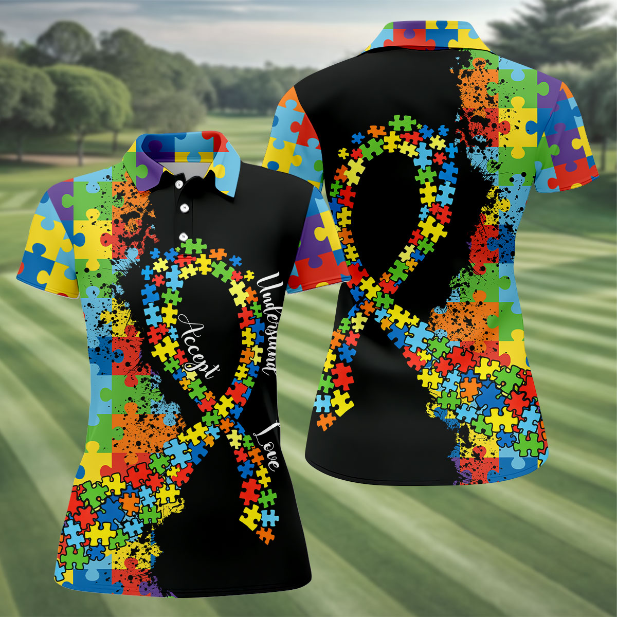 Accept Love Understand Autism Awareness Colors Autism Ribbon Women's Golf Tops, Ladies Golf Polos