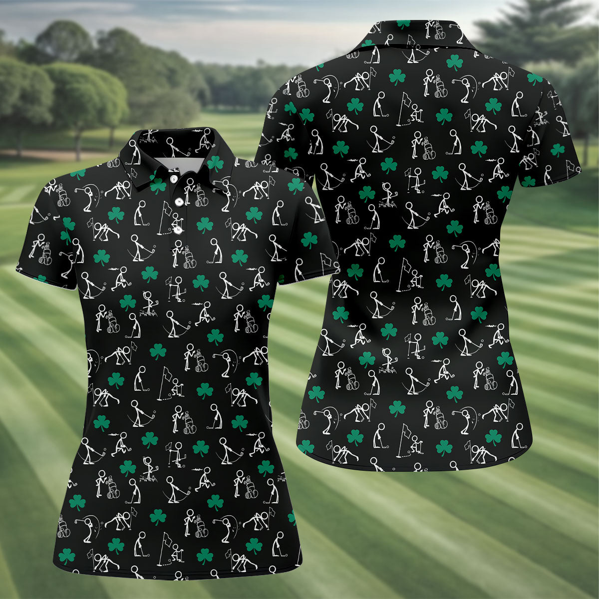 Stick Figure Golf Pose St Patrick's Day Shamrock Black Golf Shirt, Women's Golf Tops, Ladies Golf Polos