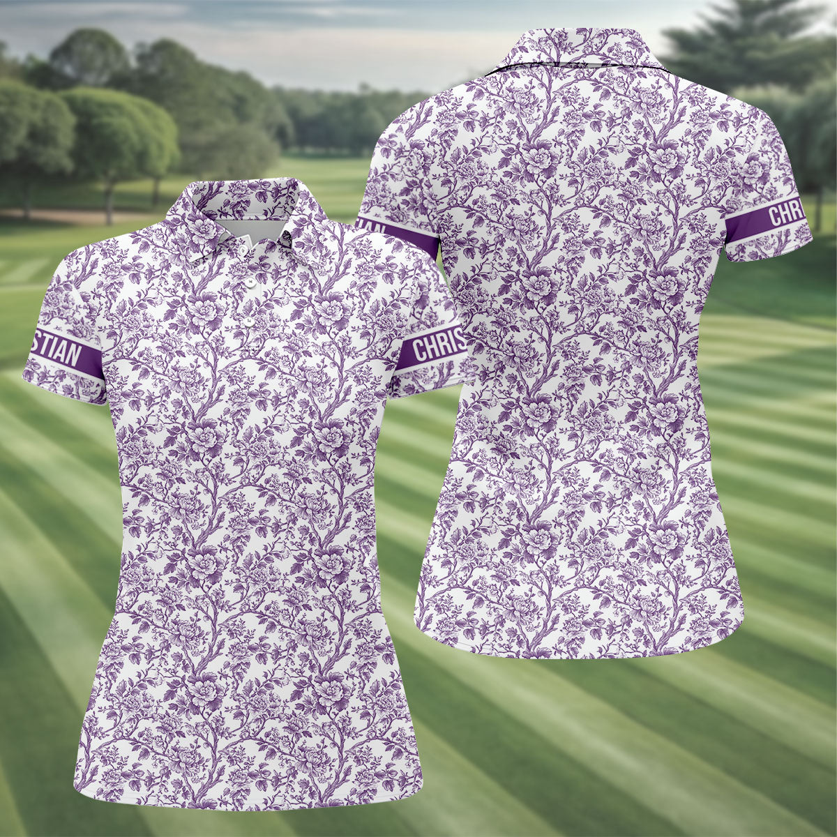 Toile De Jouy Purple Golf Shirt, Women's Golf Tops, Ladies Golf Shirts, Golf Gift For Ladies, Golf Shirt For Women