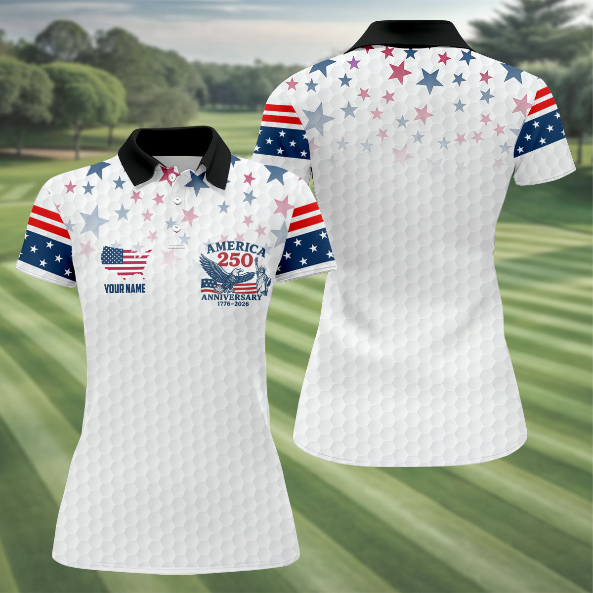 America 250th Anniversary Red White And Blue Stars White Golf Shirt, Patriotic 4th Of July Golf Shirt For Women