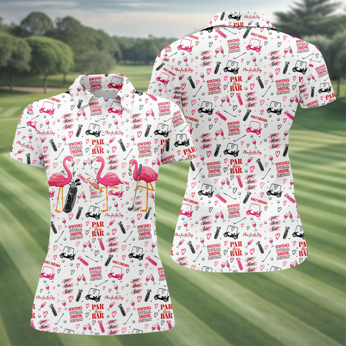 Par Then Bar Flamingo Golf Shirt, Tropical Party Ladies Golf Tops, Golf Shirt For Women