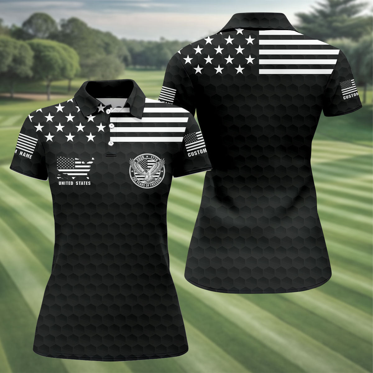 250 Years Of Freedom Golf Ball Pattern Black Golf Shirt, 4th Of July Patriotic Golf Shirt For Women