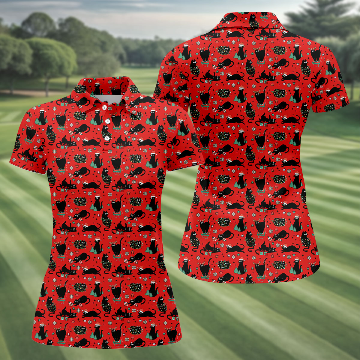 Xmas Black Cat Ladies Golf Tops, Red Golf Shirt, Golf Gifts For Women, Christmas Golf Shirt