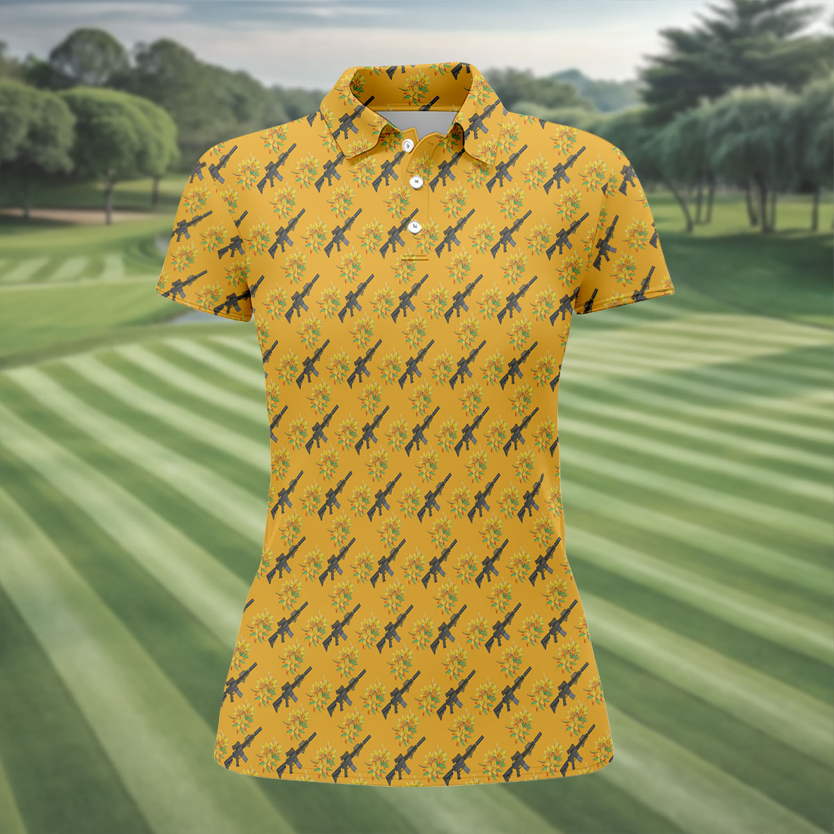 Gun And Flower Yellow Lily Flower Seamless Pattern Yellow Golf Shirt, Women's Golf Tops, Ladies Golf Shirt