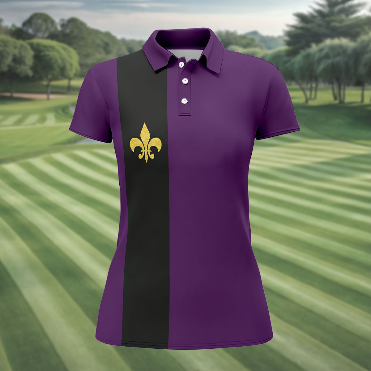 Mardi Gras Fleur De Lis Black Vertical Stripe Purple Golf Shirt, Women's Golf Tops, Ladies Golf Polos