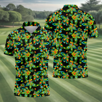 Black Colorful Floral Geometric Pattern Golf Shirt, Men's Golf Shirt, Golf Apparel For Men, Polo Shirts For Men