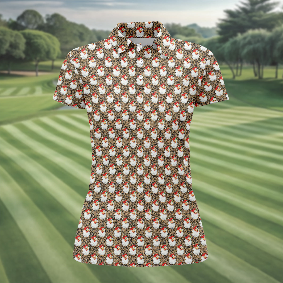 Leopard Santa Xmas Golf Shirt, Ladies Golf Tops, Retro Golf Shirt, Christmas Golf Shirt, Golf Shirt For Women