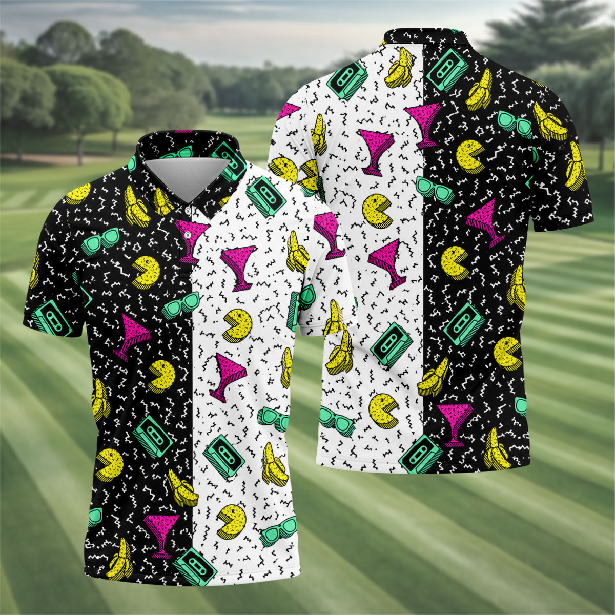 Retro Cassette Sunglasses Cocktail Banana Split Golf Shirt, Hawaiian Golf Shirt, Mens Golf Shirts, Golf Apparel For Men