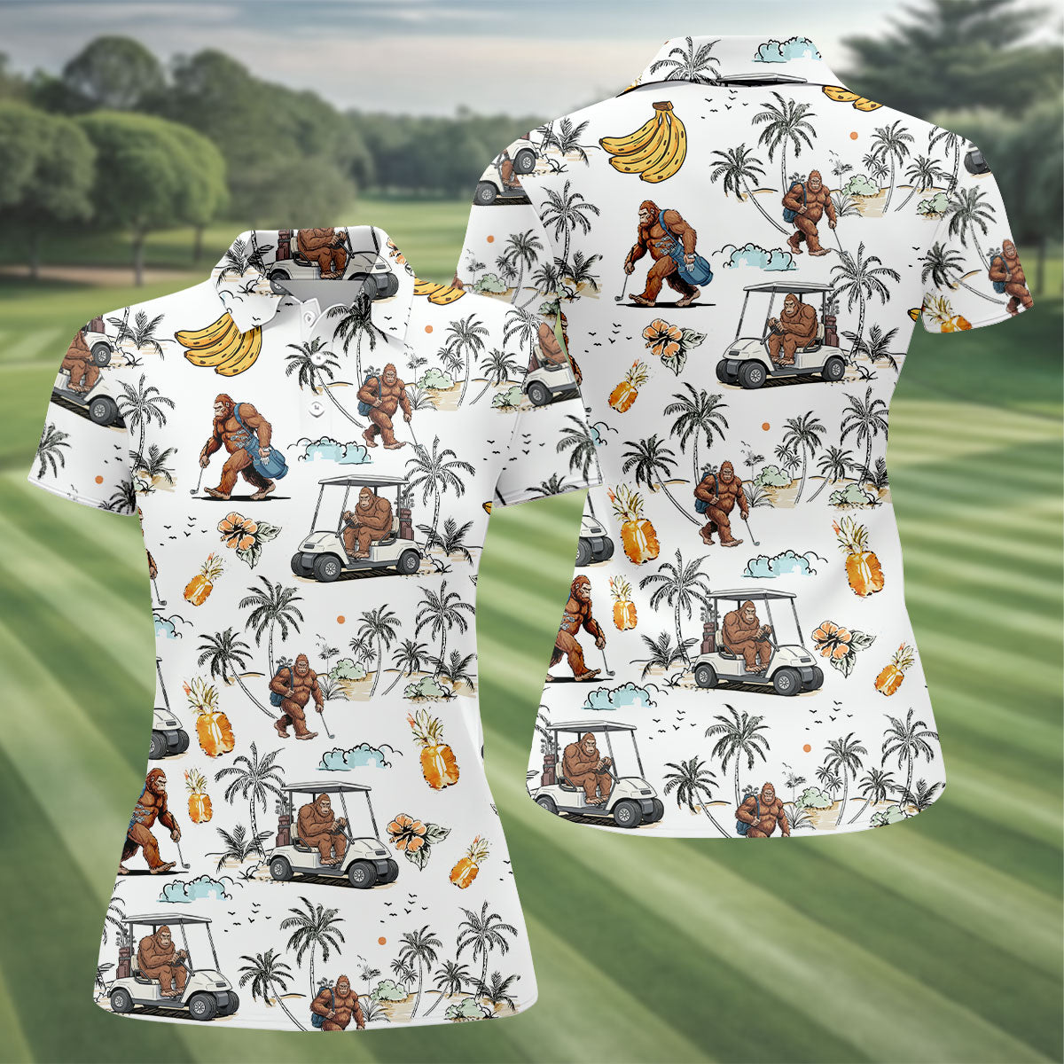 Funny Bigfoot Fruit Flower Hawaiian Golf Polo, Women's Golf Tops, Ladies Golf Shirts, Golfing Apparel