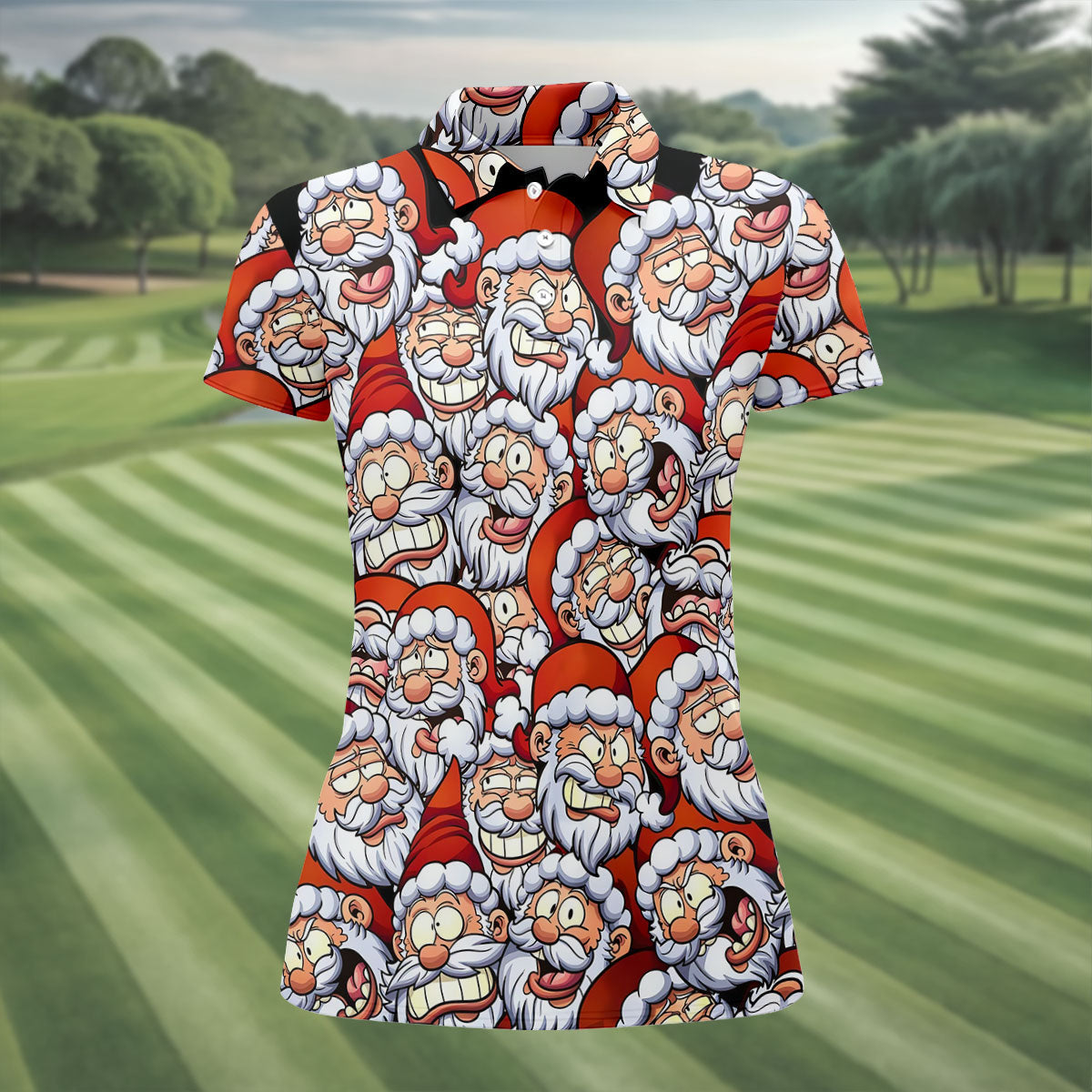 Santa Claus Face Fun Women's Golf Shirts, Cute Golf Outfit, Ladies Golf Shirts, Golfing Apparel