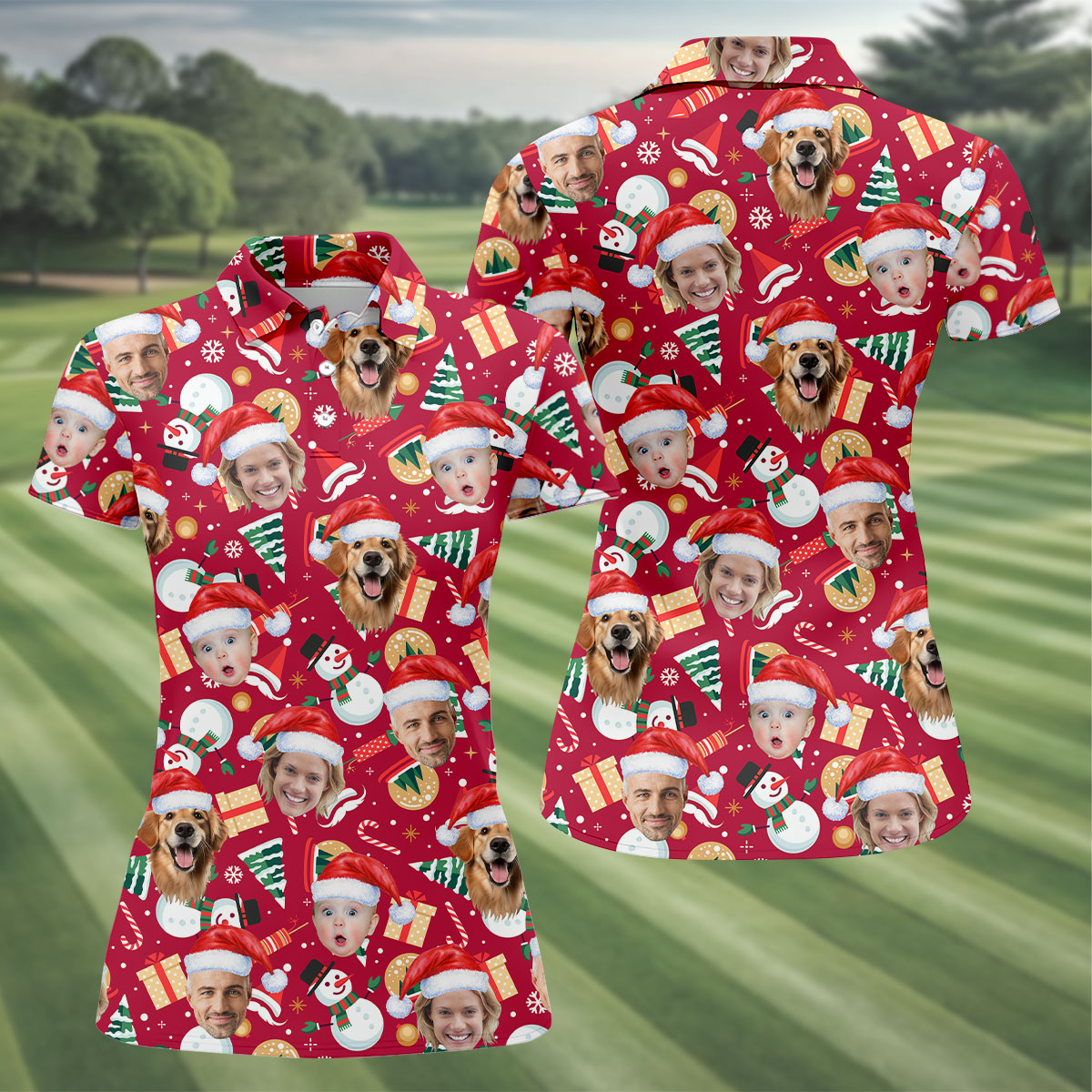 Custom Face Christmas Icons Red Golf Shirt, Christmas Golf Shirt, Ladies Golf Shirts, Golf Gifts For Women