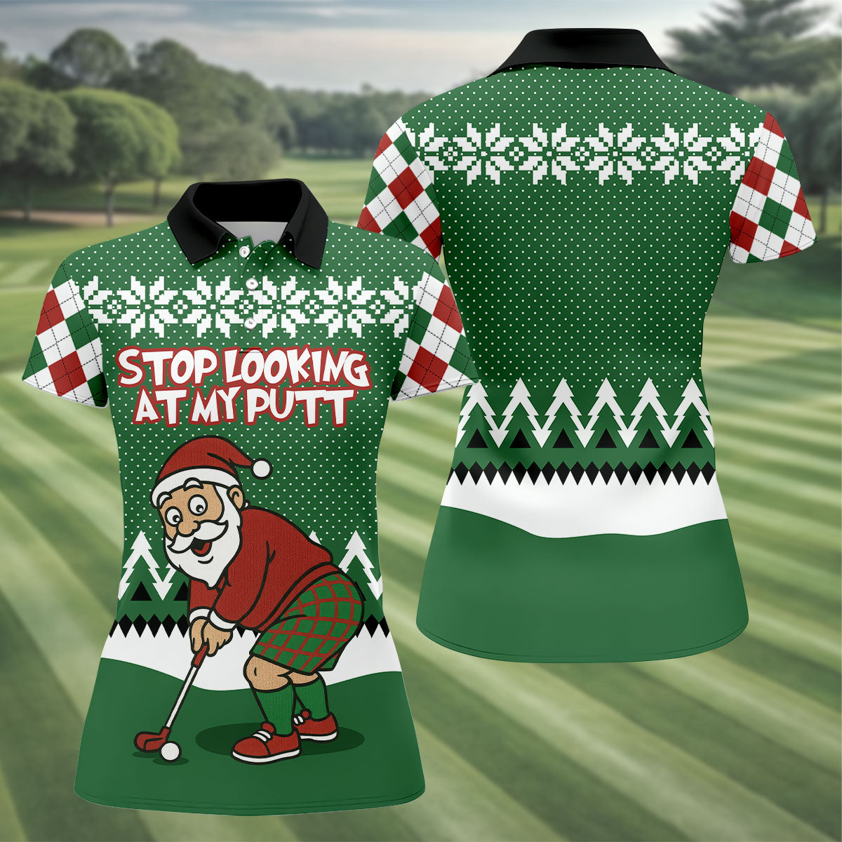 Stop Looking At My Putt Funny Santa Claus Argyle Golf Shirt, Christmas Golf Shirt, Women's Golf Tops