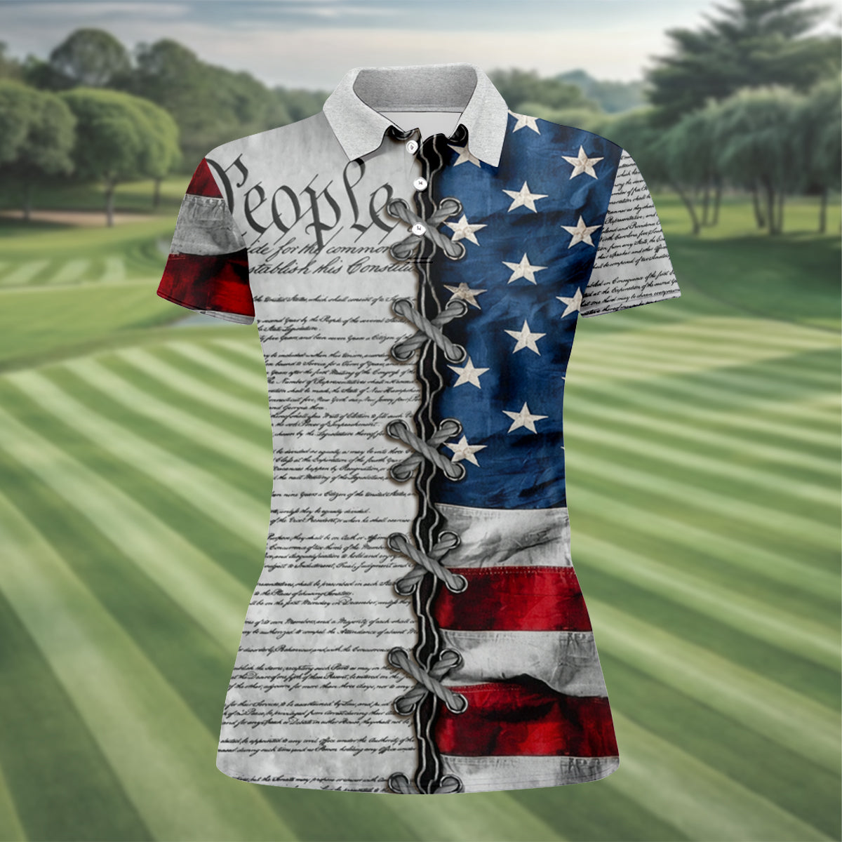 We The People Preamble Patriotic 4th Of July Grey Golf Shirt, 250th Anniversary Women's Golf Tops