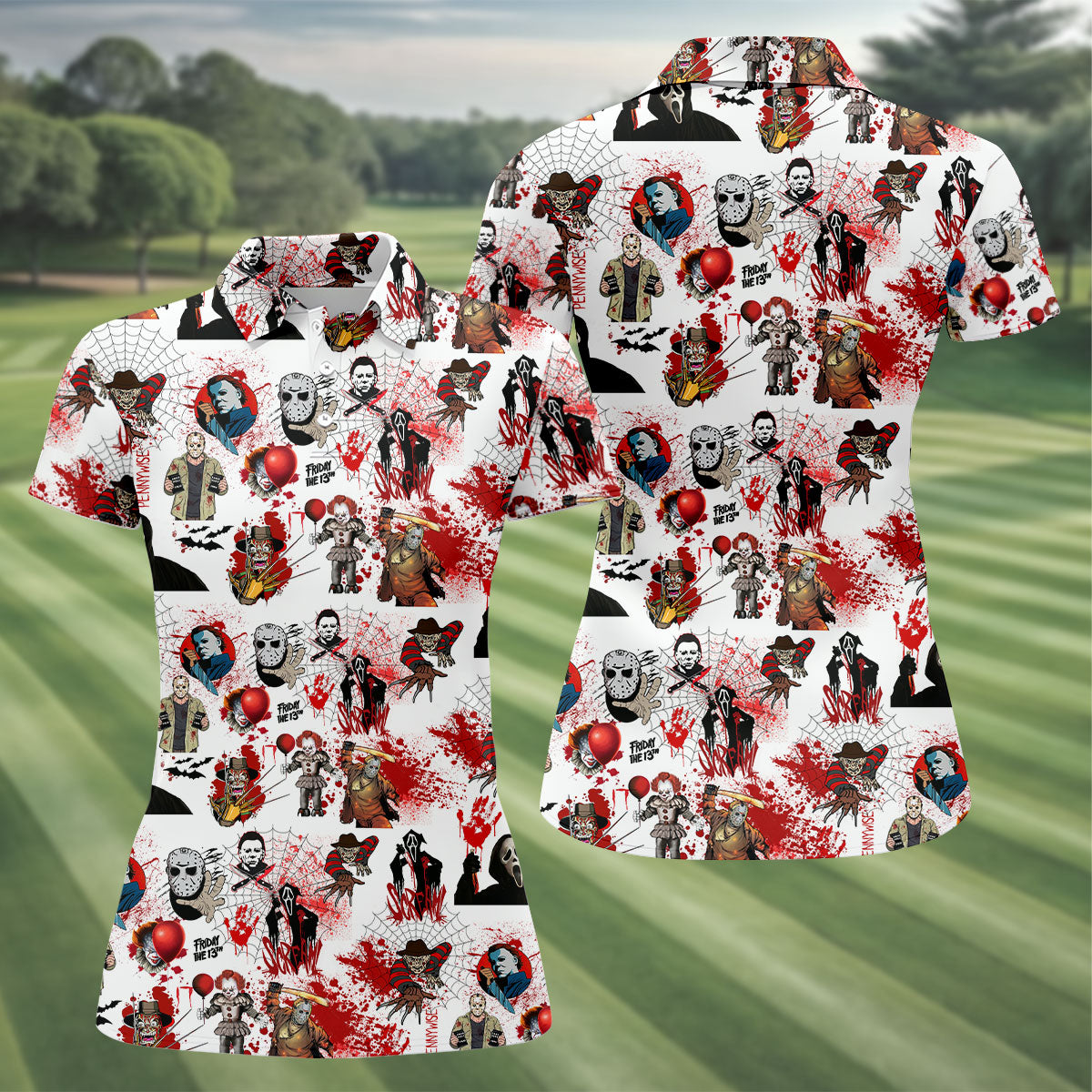 Horror Villain Blood Splatter Print Women's Golf Tops, Halloween Golf Shirt, Ladies Golf Polos, Golfing Apparel