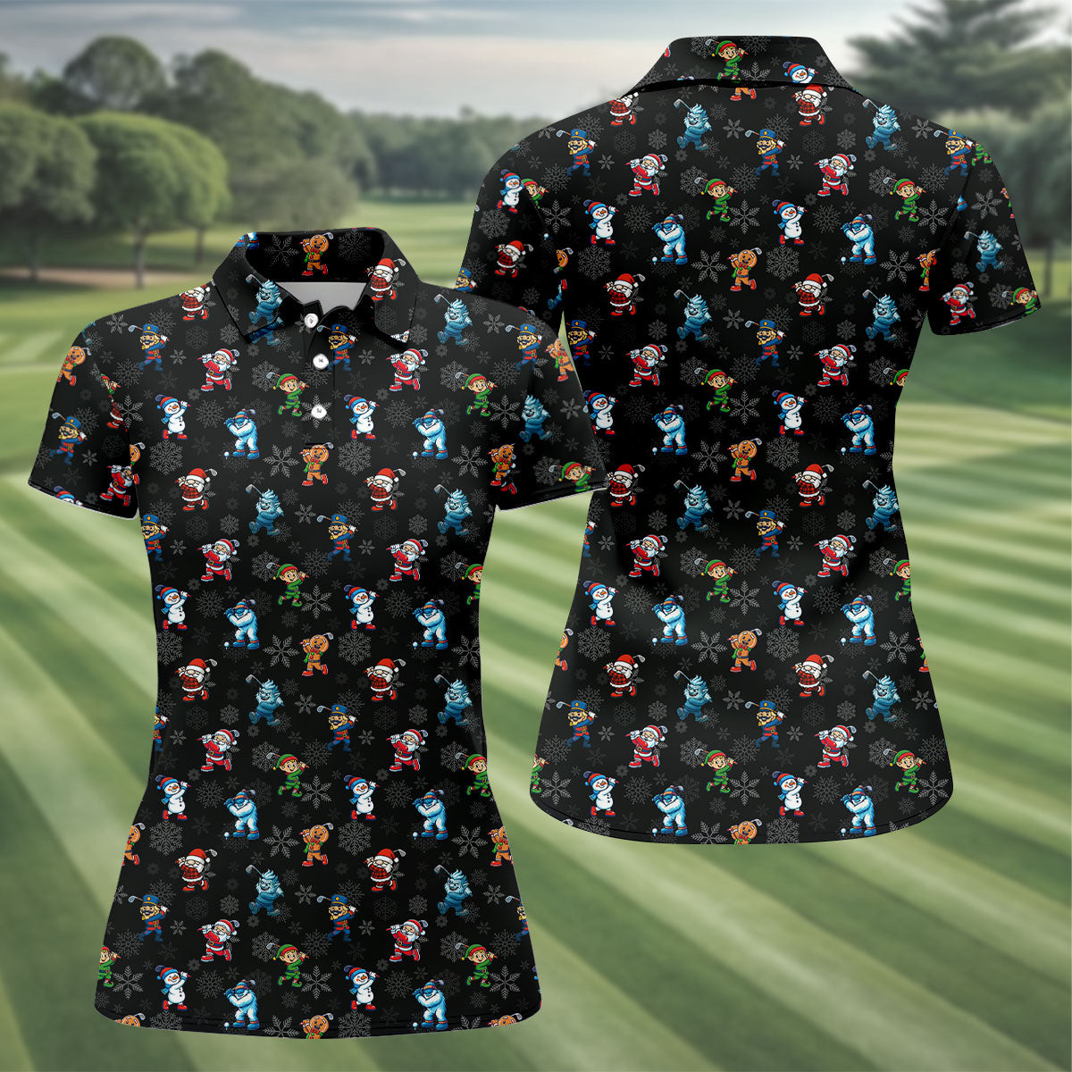 Funny Christmas Characters Golf Pose Black Golf Shirt, Christmas Golf Shirt, Ladies Golf Shirts, Women's Polo Shirt