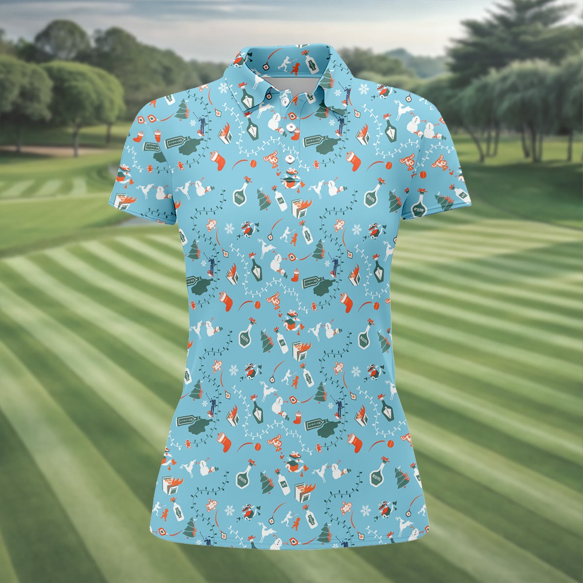 Holiday Chaos Ice Blue Color Women's Golf Shirts, Christmas Golf Shirt, Ladies Golf Polos, Golfing Apparel