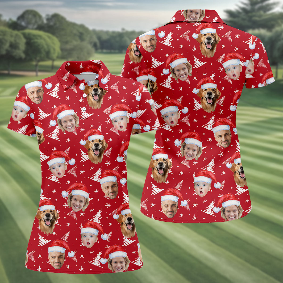Custom Face Snow Pine Tree Red Golf Shirt, Christmas Golf Shirt, Ladies Golf Shirts, Golf Gifts For Women