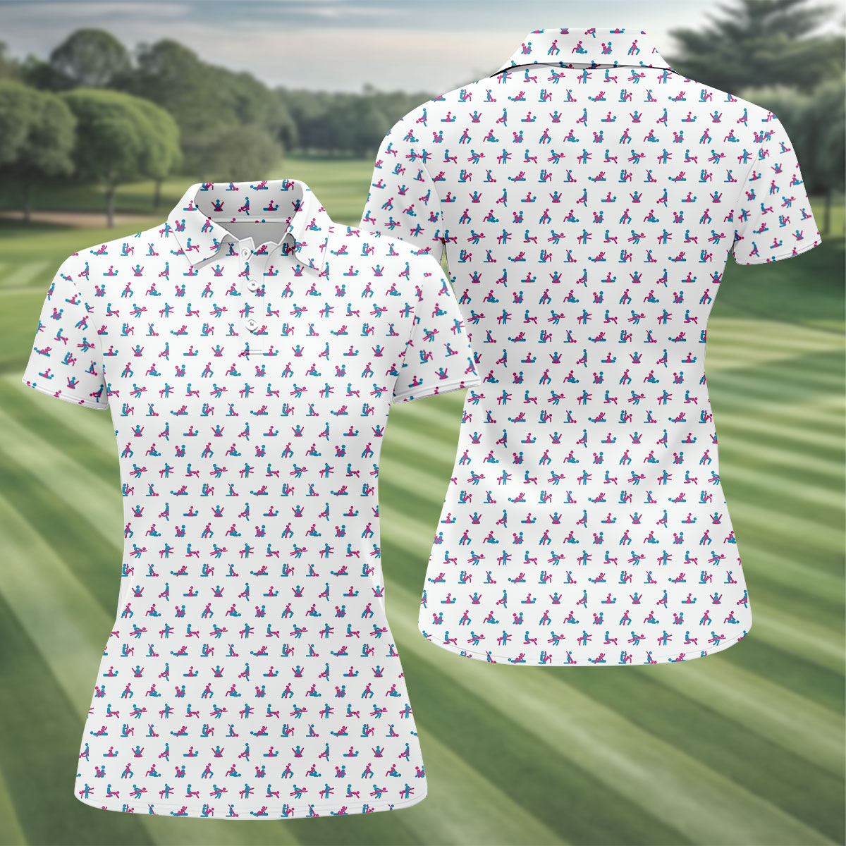 Blue And Pink Naughty Stick People White Golf Shirt, Ladies Golf Polos, Golf Gifts For Women