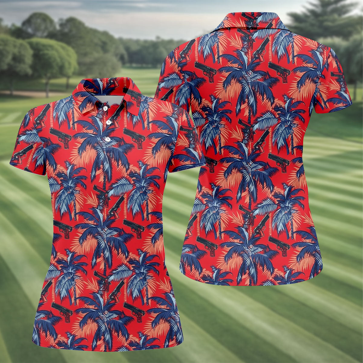 Hawaiian Palm Tree Military Theme Red Golf Shirt, Women Golf Top, Ladies Golf Shirts