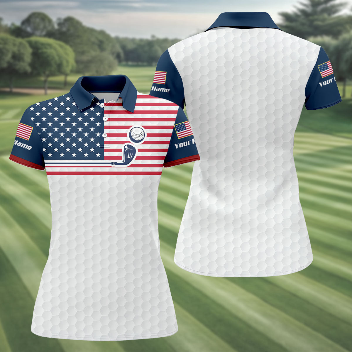 Patriot American Flag Golf Ball Pattern Women's Golf Tops, 250th Anniversary Patriotic Golf Shirt